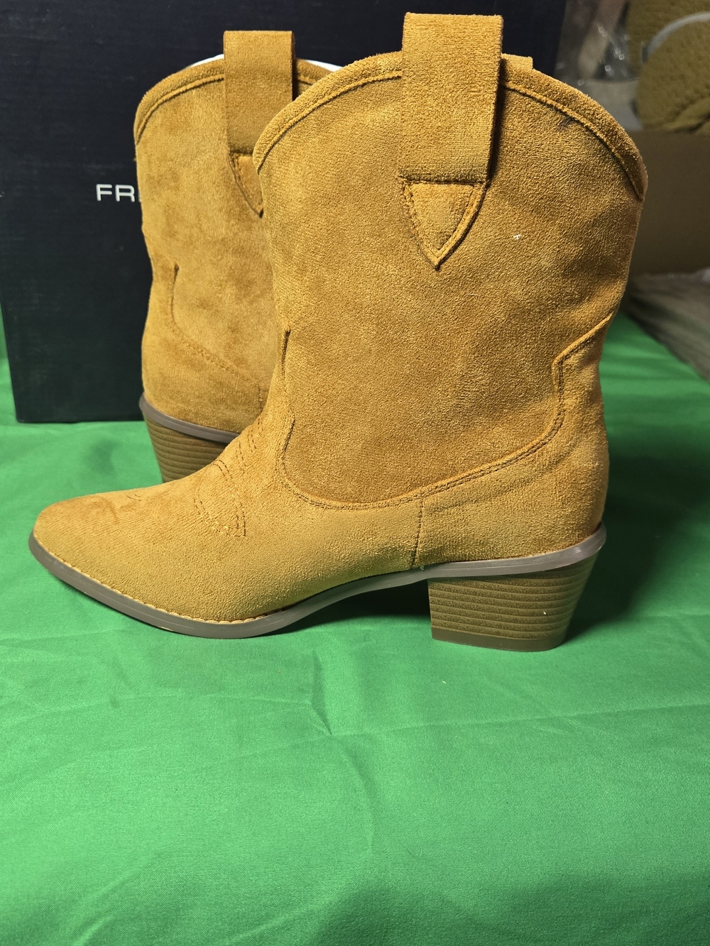 French Connection Suede Western Ankle Booties in Mustard Yellow